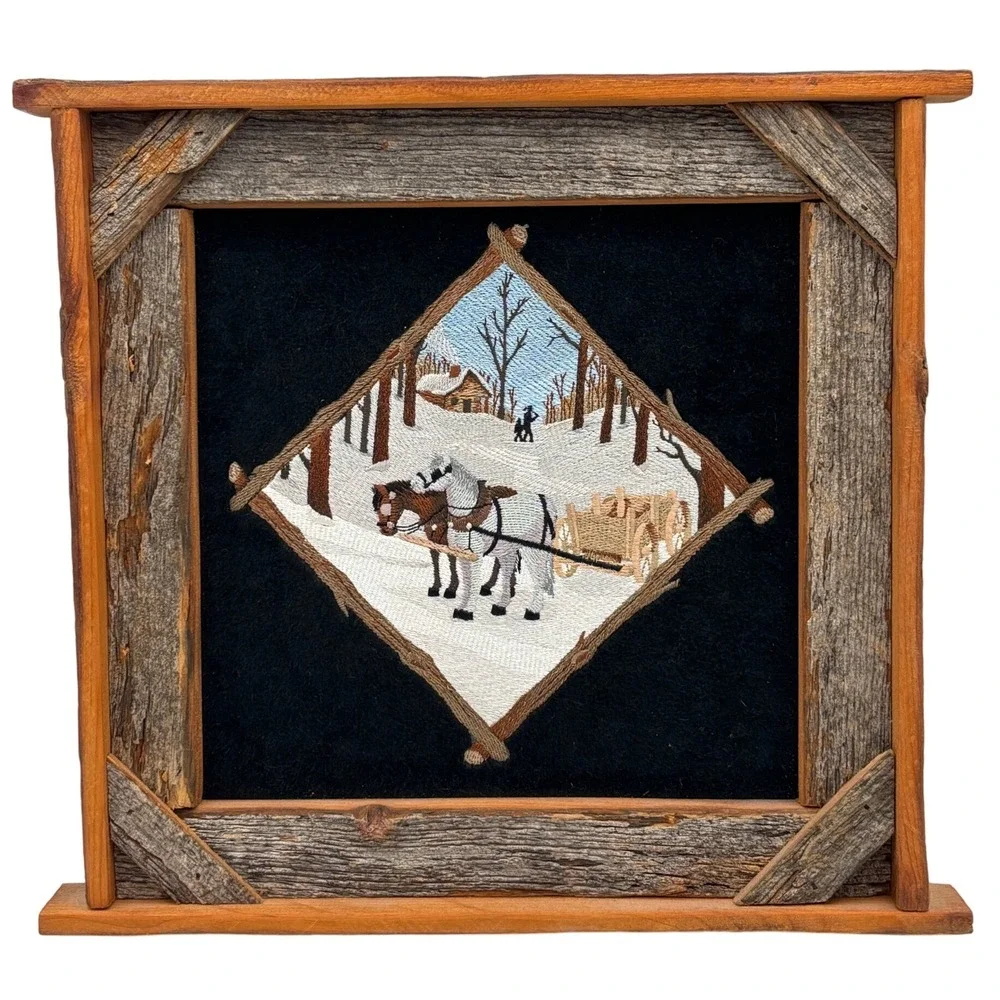 Rustic Framed Needlepoint Art Winter Scene Horses Sleigh‎ Cabin Wall Decor Xmas